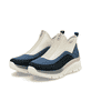 Blaue vegane Rieker Damen Sneaker High 48053-14 mit einem Reißverschluss. Schuhpaar seitlich schräg.