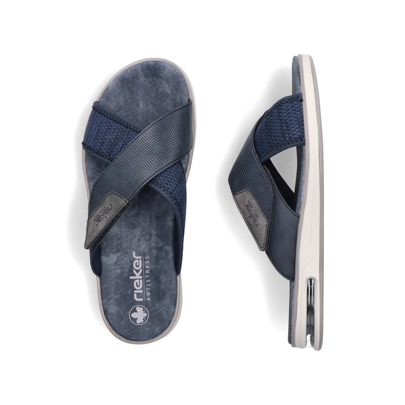 Blaue Rieker Herren Pantoletten 29083-14 mit Rieker Air Sohlenfenster. Schuh von oben, liegend.