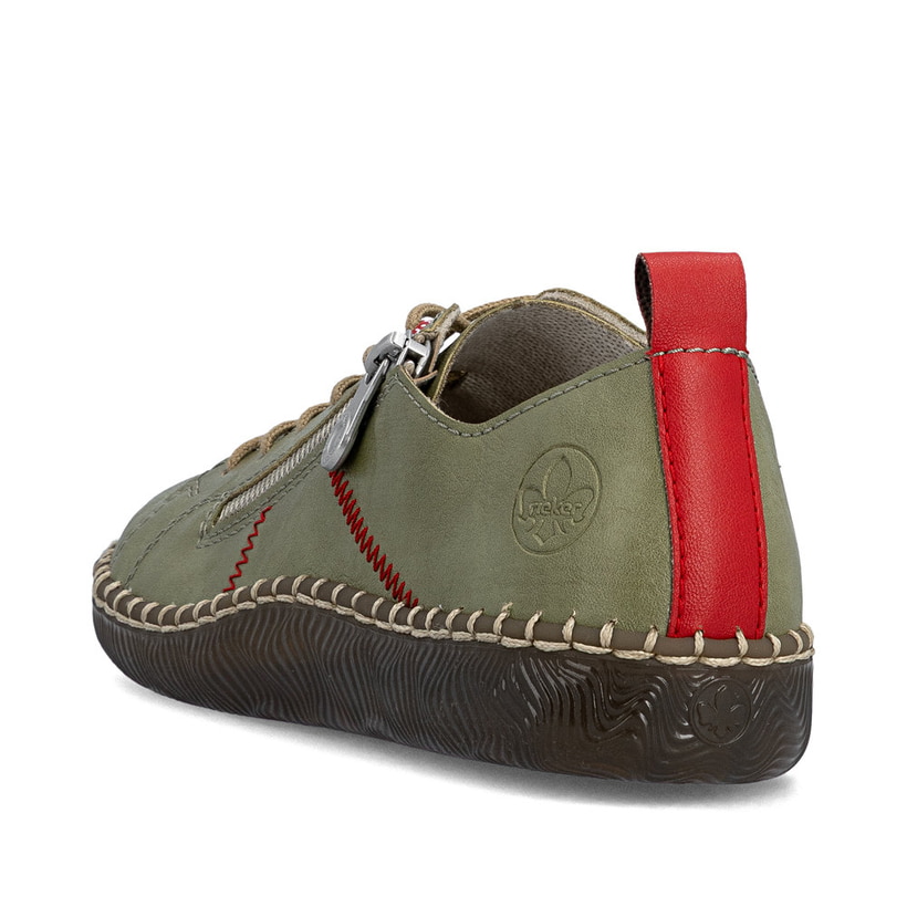 Grüne Rieker Damen Schnürschuhe N2401-54 mit modernen Ziernähten. Schuh von hinten.