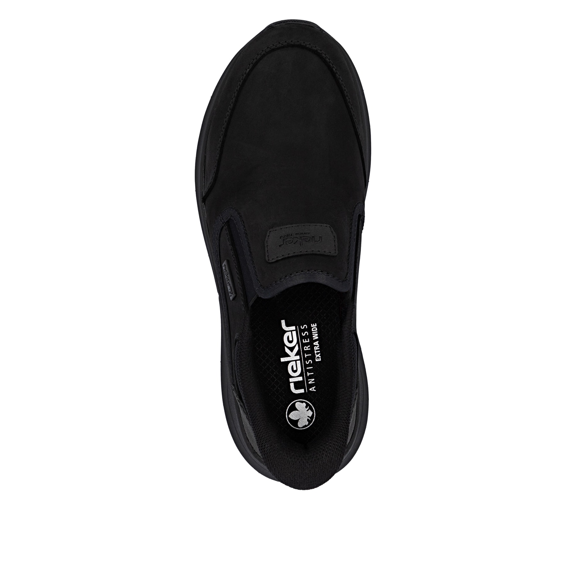 Mocassins Rieker noirs pour homme 06052-00 en cuir suédé. Semelle extérieure de la chaussure.