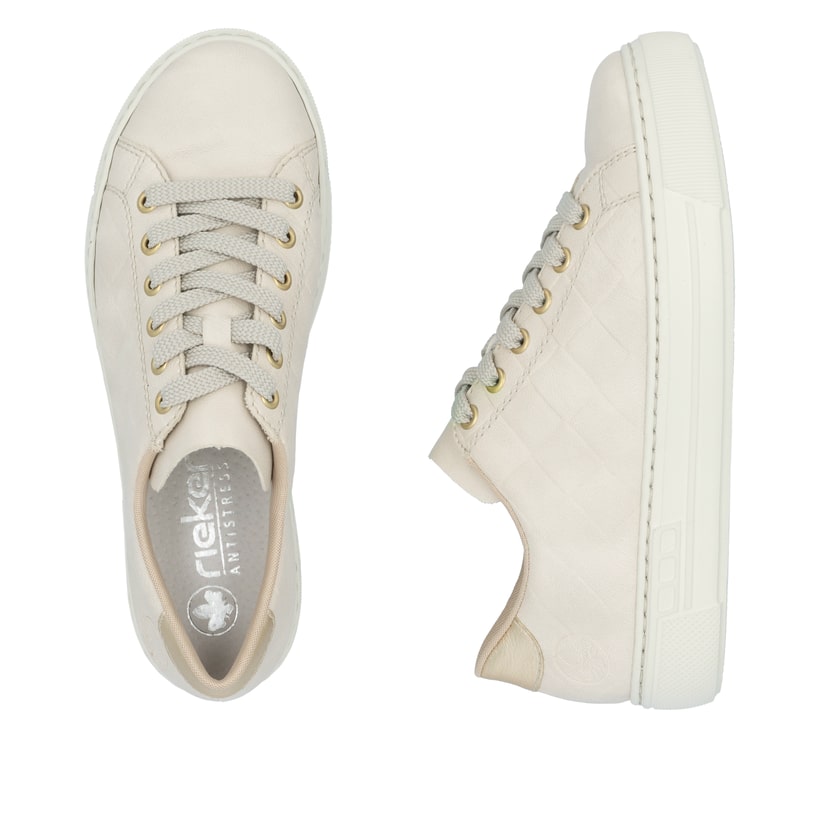 Beige Rieker Damen Sneaker Low L9800-80 in Löcheroptik mit einer Schnürung. Schuh von oben, liegend.