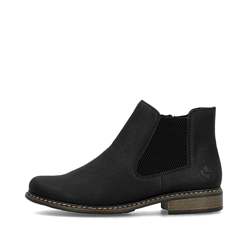 
Tiefschwarze Rieker Damen Chelsea Boots Z4994-00 mit einer schockabsorbierenden Sohle. Schuh Außenseite