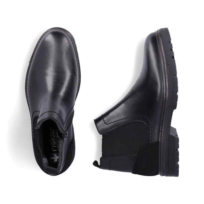 Schwarze Rieker Herren Chelsea Boots F2750-00 aus Glattleder mit Reißverschluss. Schuh von oben, liegend.