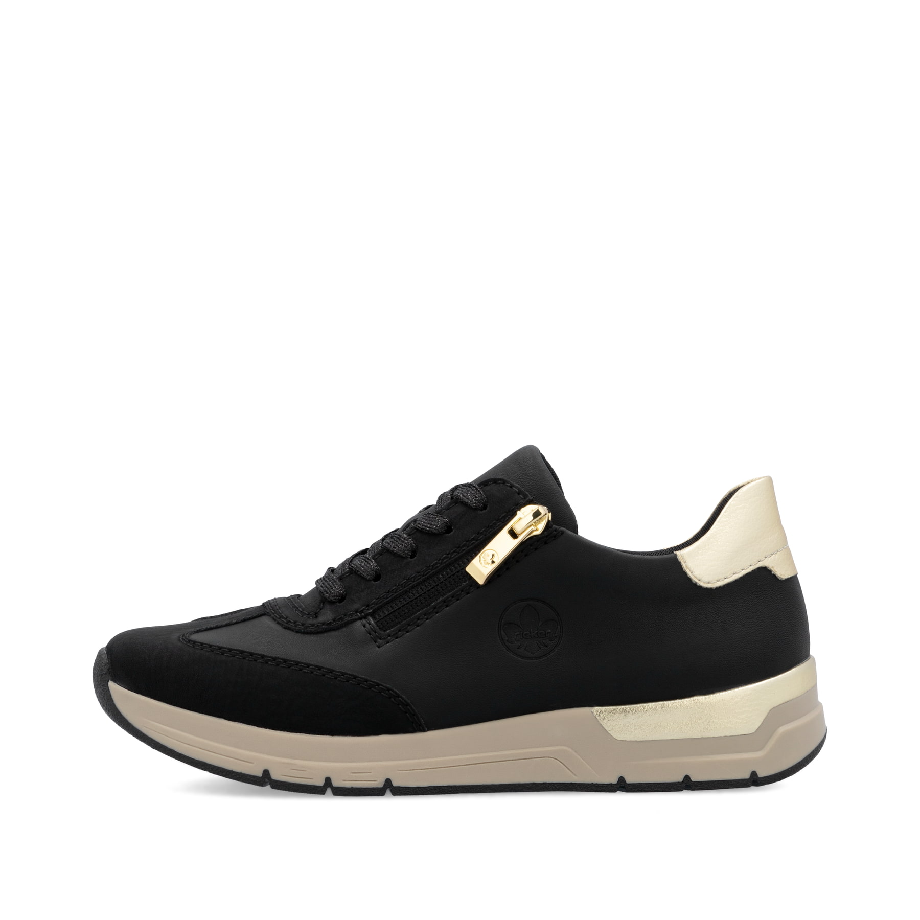Schwarze Rieker Damen Sneaker Low 58923-00 mit einem Reißverschluss. Schuh Außenseite.