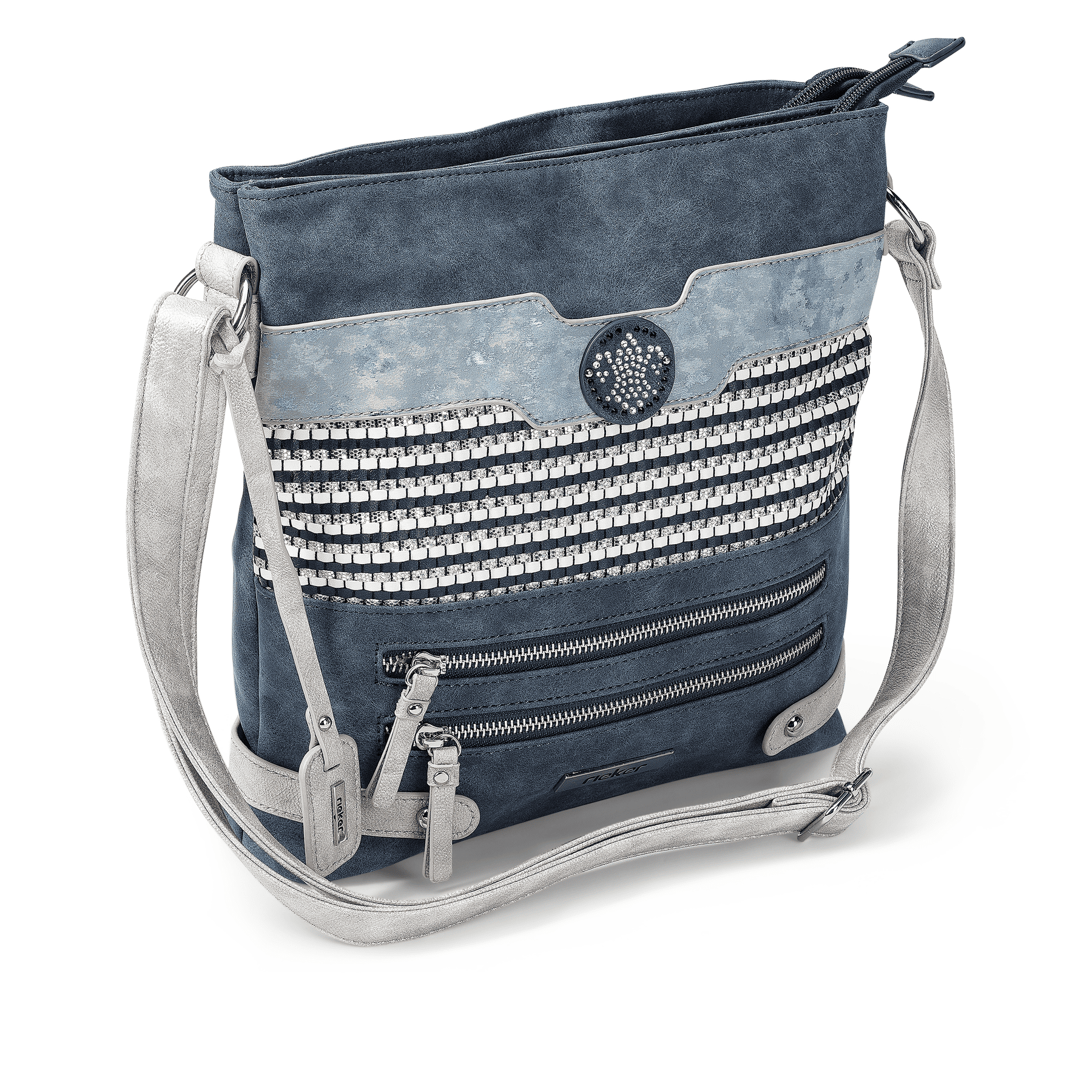 Sac à bandoulière Rieker H1346-16 bleu-combi avec un élément de design grossièrement tressé et trois compartiments intérieurs. Verso.