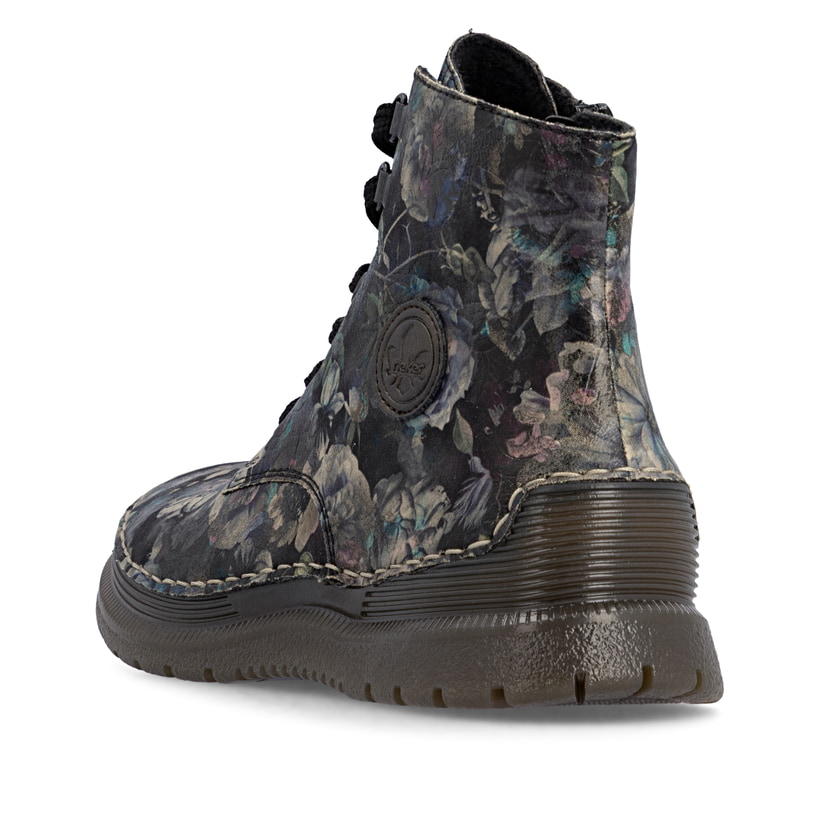 Schwarze Rieker Damen Schnürstiefel 53632-90 mit floralem Aufdruck. Schuh von hinten.