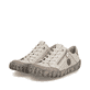 Beige Rieker Damen Slipper L0355-61 aus Glattleder mit eleganten Zierlochungen. Schuhpaar seitlich schräg.
