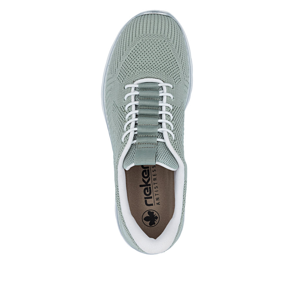 Mintgrüne Rieker Damen Slipper L3262-52 mit easy Hineinschlüpf-Möglichkeit. Schuh von oben.