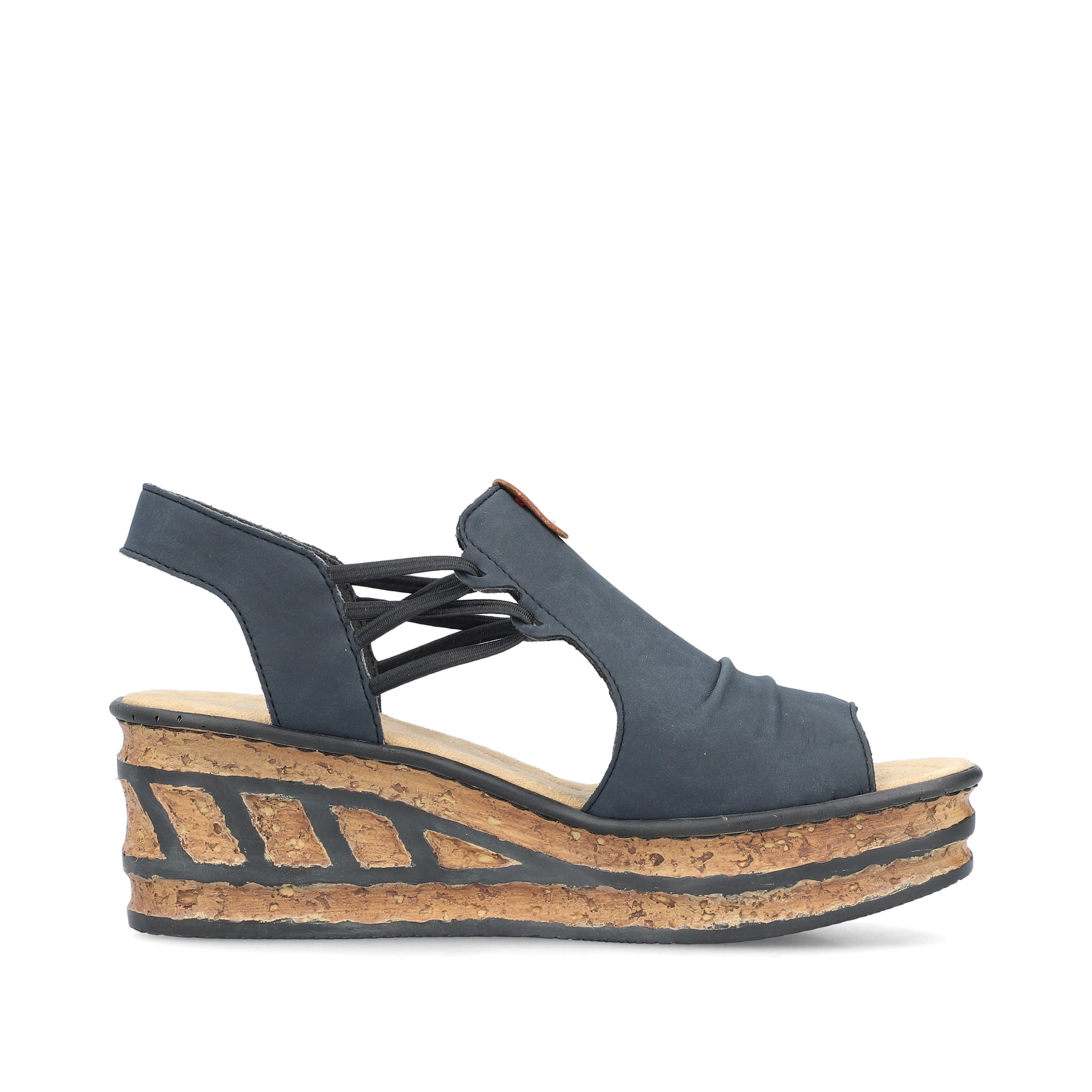 Blaue Rieker Keilsandaletten 68175-14 mit modischen Raffungen sowie Gummizug. Schuh Innenseite.