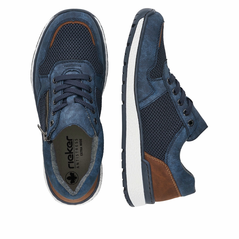 Blaue Rieker Herren Sneaker Low B9006-14 mit Reißverschluss sowie Extraweite H. Schuh von oben, liegend.