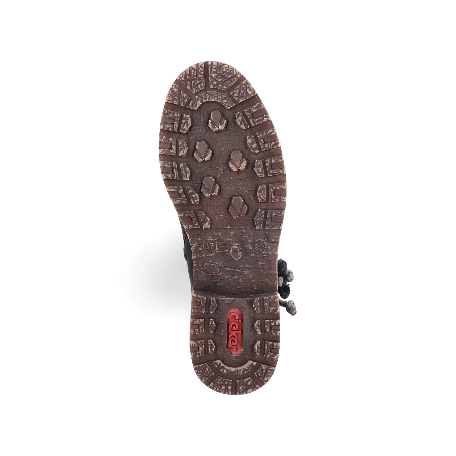 Tiefschwarze Rieker Damen Hochschaftstiefel Z4759-01 mit einer robusten Profilsohle. Schuh Laufsohle