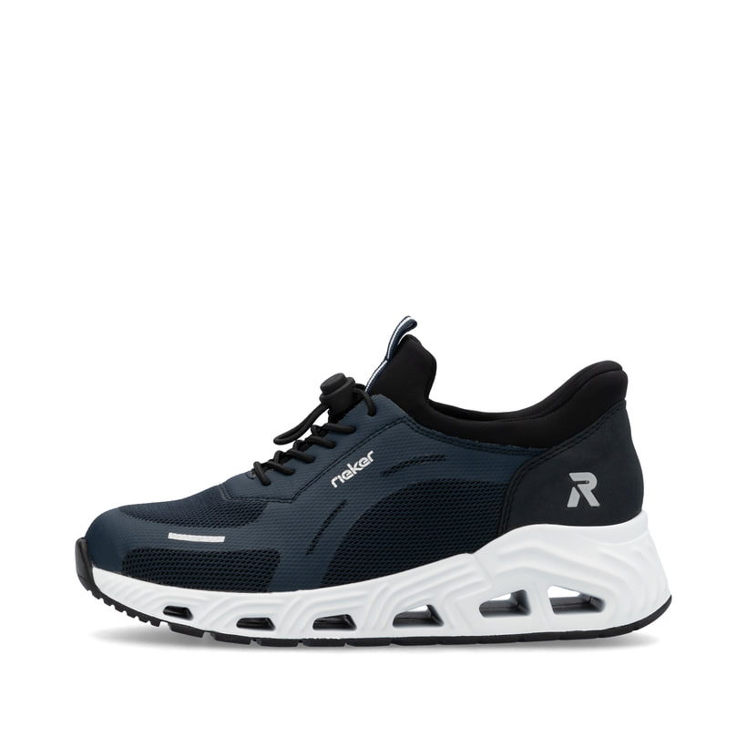 Blaue vegane Rieker Damen Sneaker Low N5257-14 mit einem Gummizug. Schuh Außenseite.