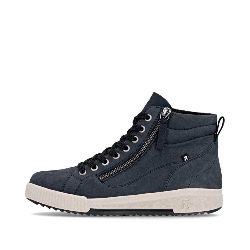 Blaue Rieker Damen Sneaker High W0164-14 mit einer leichten und griffigen Sohle. Schuh Außenseite.