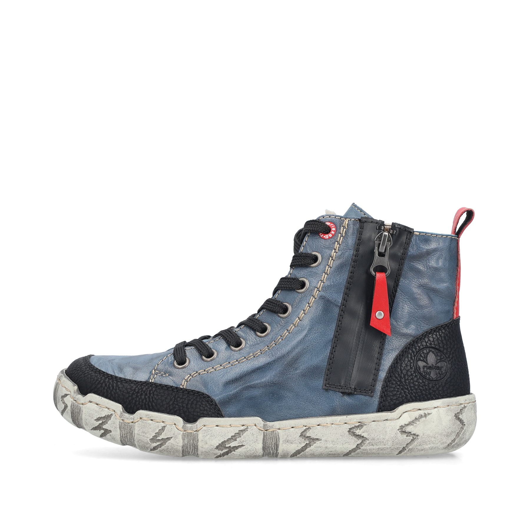 Blaue Rieker Damen Kurzstiefel L0370-14 mit einem Reißverschluss. Schuh Außenseite.