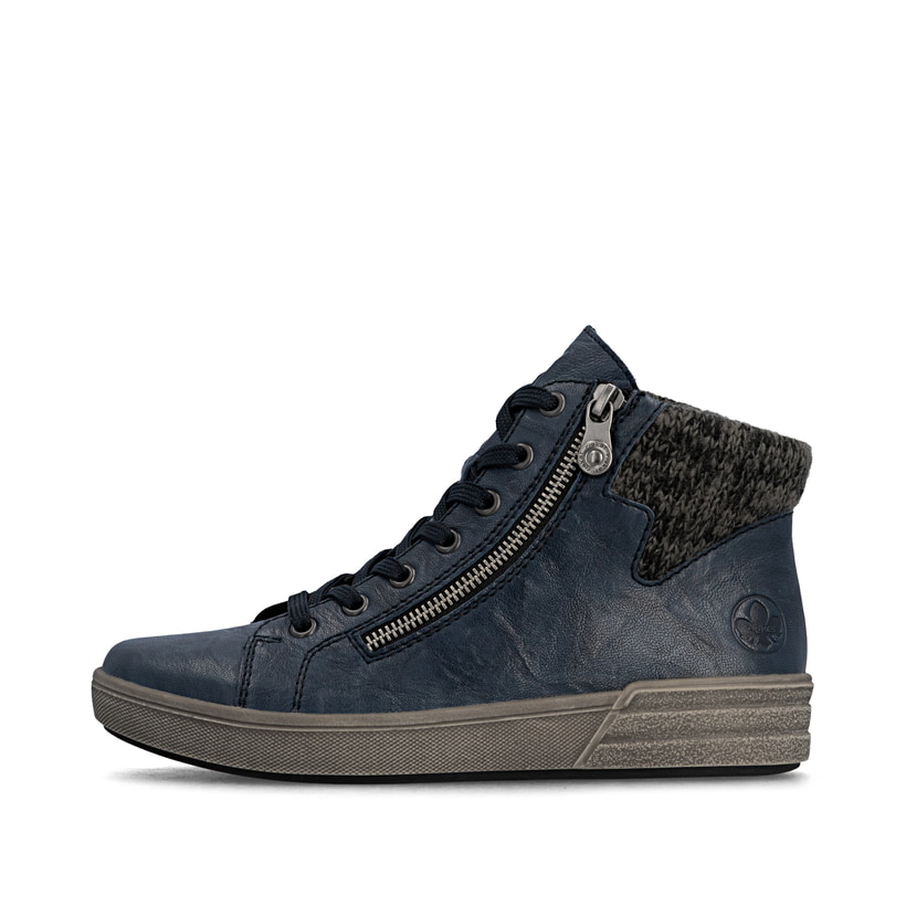 Dunkelblaue Rieker Damen Sneaker High X0709-14 aus Glattleder mit Reißverschluss. Schuh Außenseite.
