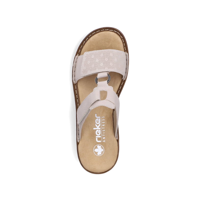 Beige Rieker Damen Pantoletten 60885-62 mit Schmuckelementen. Schuh von oben.