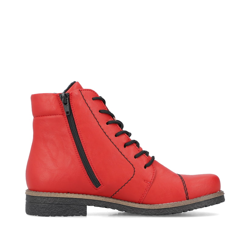 Erdbeerrote Rieker Damen Schnürstiefel 73504-33 mit einem Reißverschluss. Schuh Innenseite.