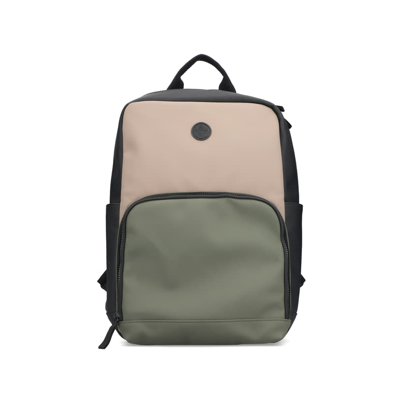 Rieker Rucksack H1655-90 in Schwarz, Beige und Khaki mit mattem Finish und Handyfach. Vorderseite.