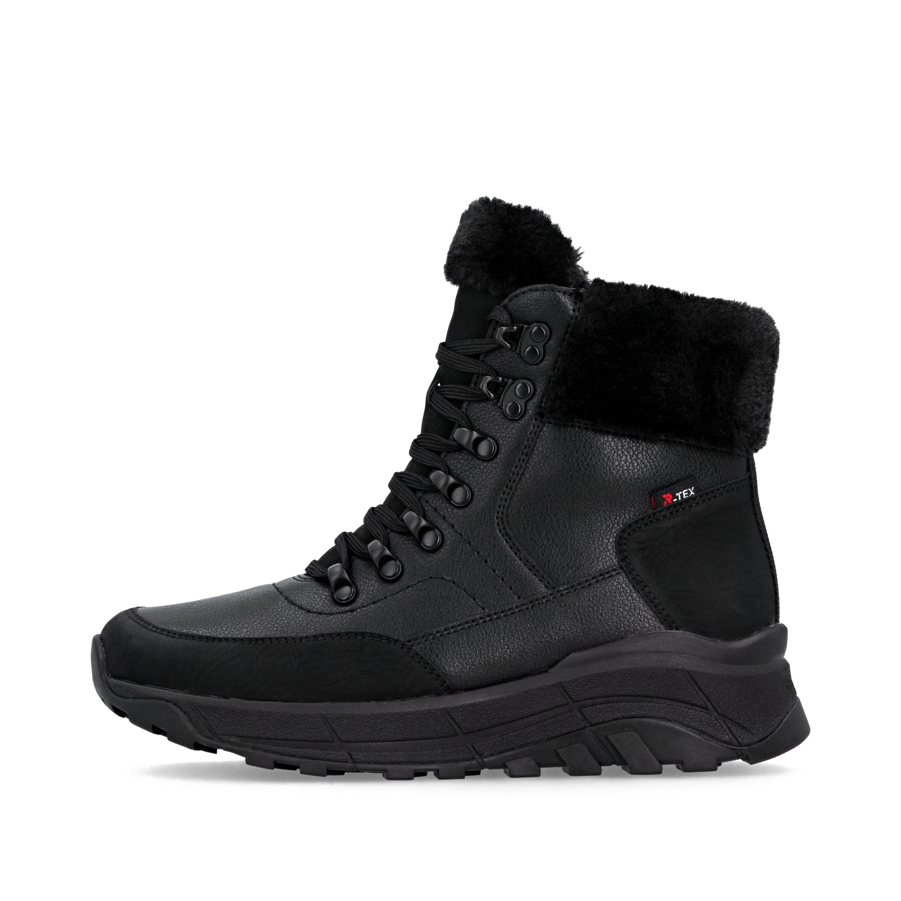 Schwarze Rieker Damen Schnürstiefel W0063-02 mit wasserabweisender TEX-Membran. Schuh Außenseite.