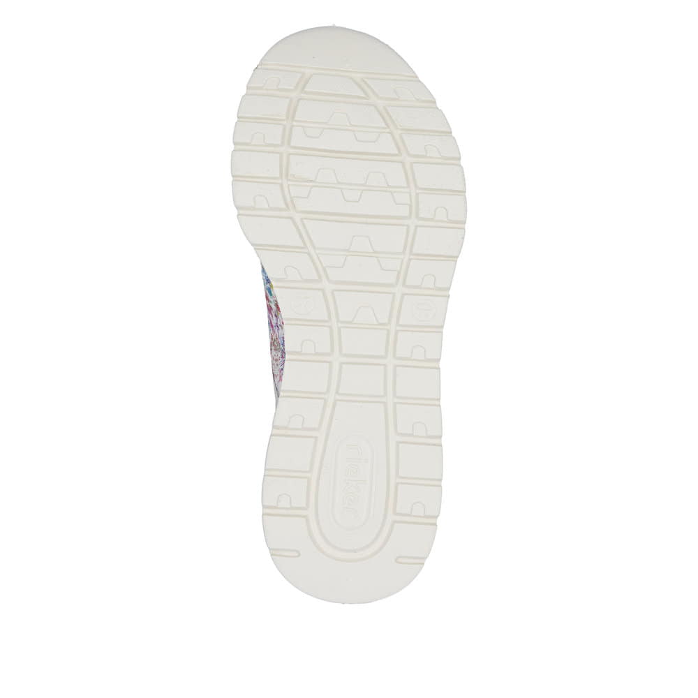 Mehrfarbige Rieker Damen Slipper M6081-90 mit floralem Muster sowie Gummizug. Schuh Laufsohle.