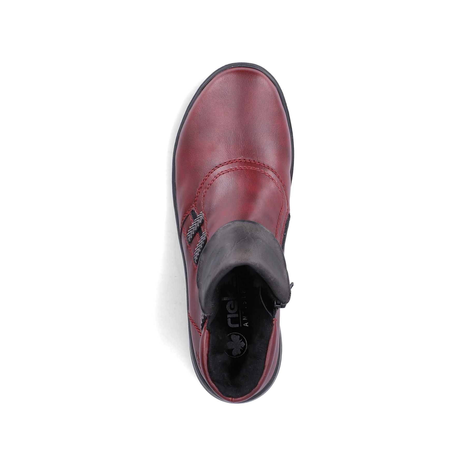 Weinrote Rieker Damen Kurzstiefel Z0071-35 mit einem Reißverschluss. Schuh von oben.