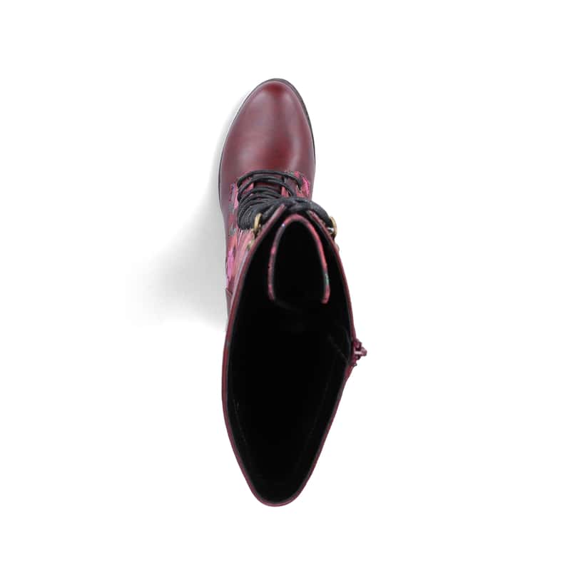 Bordeauxfarbene Rieker Damen Schnürstiefel 96040-90 mit floralem Aufdruck. Schuh von oben.