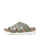 Grüngraue Rieker Damen Pantoletten 64469-52 mit groben Ziernähten. Schuh Außenseite.