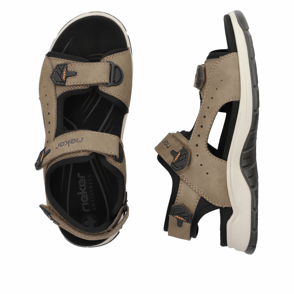 Braune Rieker Herren Trekkingsandalen 26951-25 mit einem Klettverschluss. Schuh von oben, liegend.