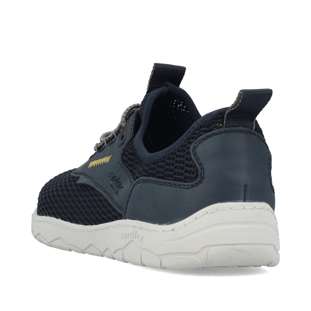 Blaue Rieker Herren Slipper 08365-14, Barfußschuhe mit einem Gummizug. Schuh von hinten.
