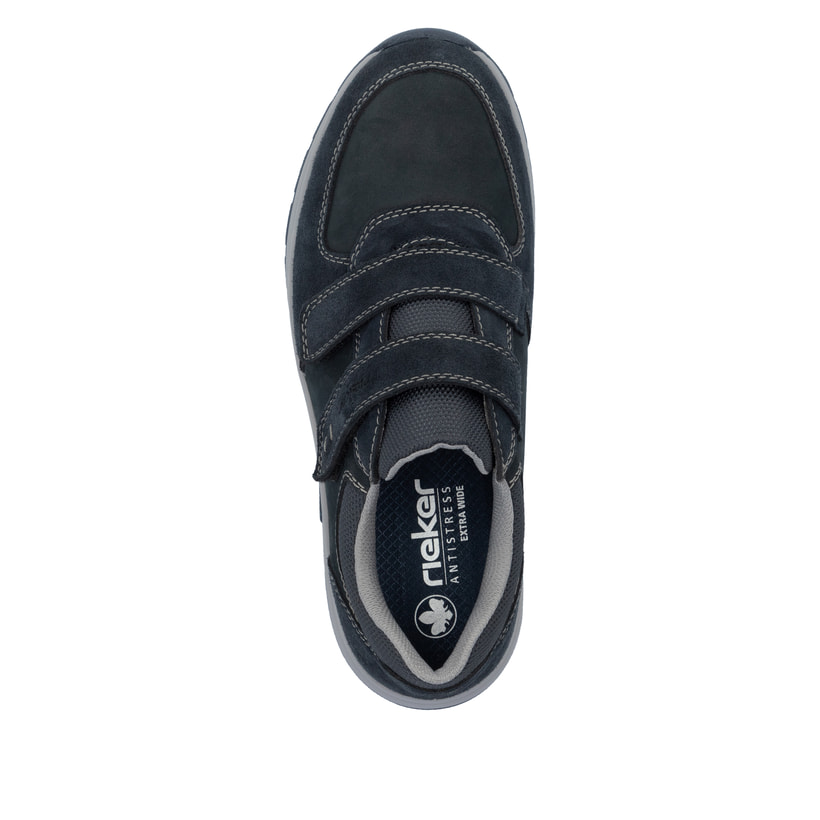 Mocassins Rieker bleus homme 11051-14 en cuir suédé avec fermeture velcro. Semelle extérieure de la chaussure.