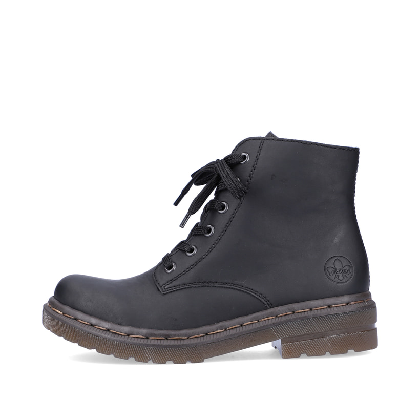 Tiefschwarze Rieker Damen Schnürstiefel 78240-00 mit Schnürung und Reißverschluss. Schuh Außenseite