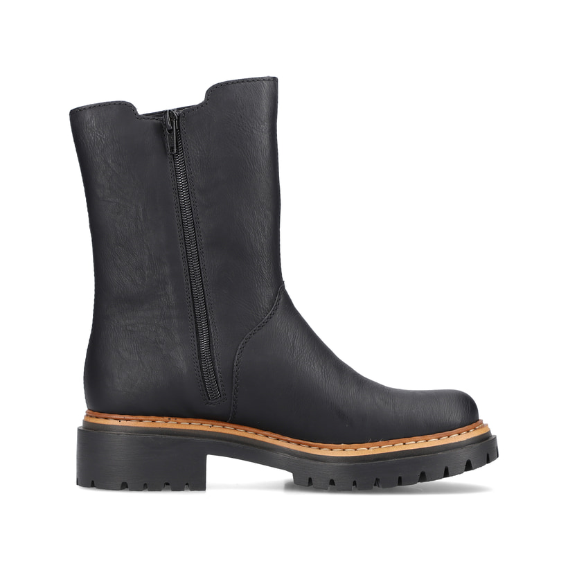 Nachtschwarze Rieker Damen Chelsea Boots 72683-00 mit einer schockabsorbierenden Sohle. Schuh von hinten