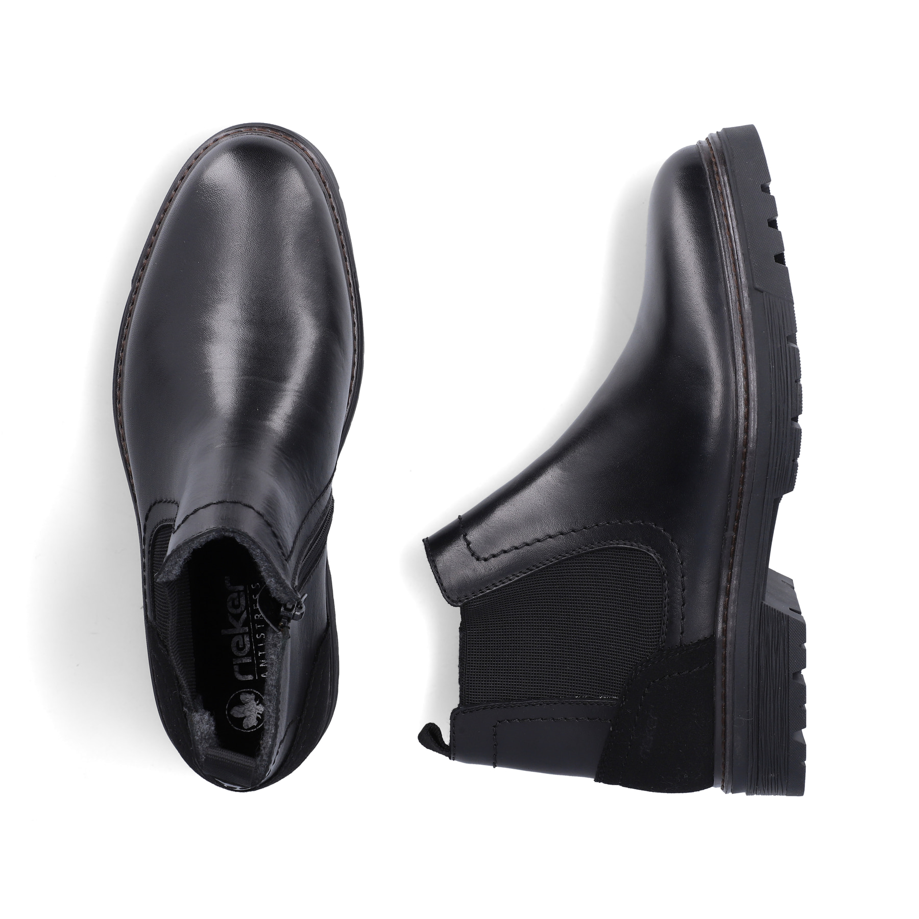 Schwarze Rieker Herren Chelsea Boots F2750-00 aus Glattleder mit Reißverschluss. Schuh von oben, liegend.