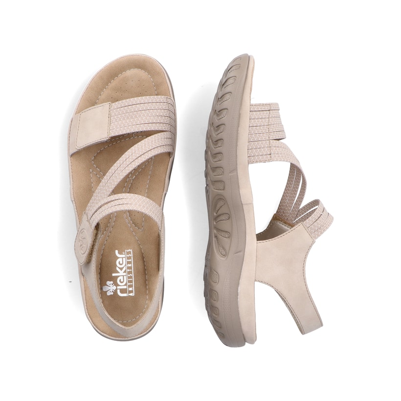 Beige Rieker Damen Trekkingsandalen 64870-62 mit einem Klettverschluss. Schuh von oben, liegend.