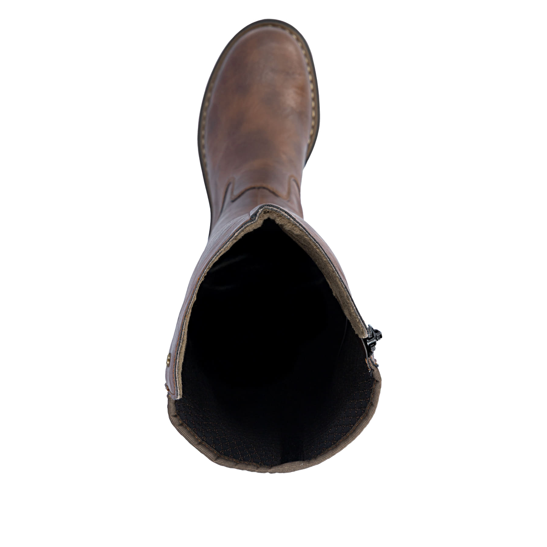 Braune Rieker Damen Hochschaftstiefel 72657-22 mit einem Reißverschluss. Schuh von oben.