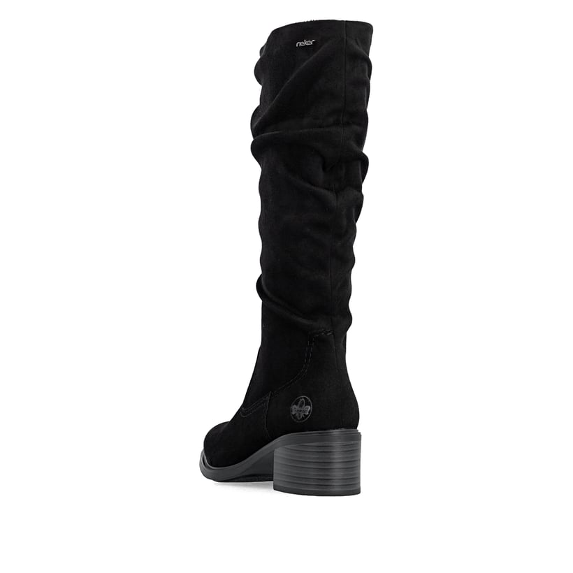 Schwarze Rieker Damen Hochschaftstiefel 74192-00 mit gerafftem Schaft. Schuh von hinten.