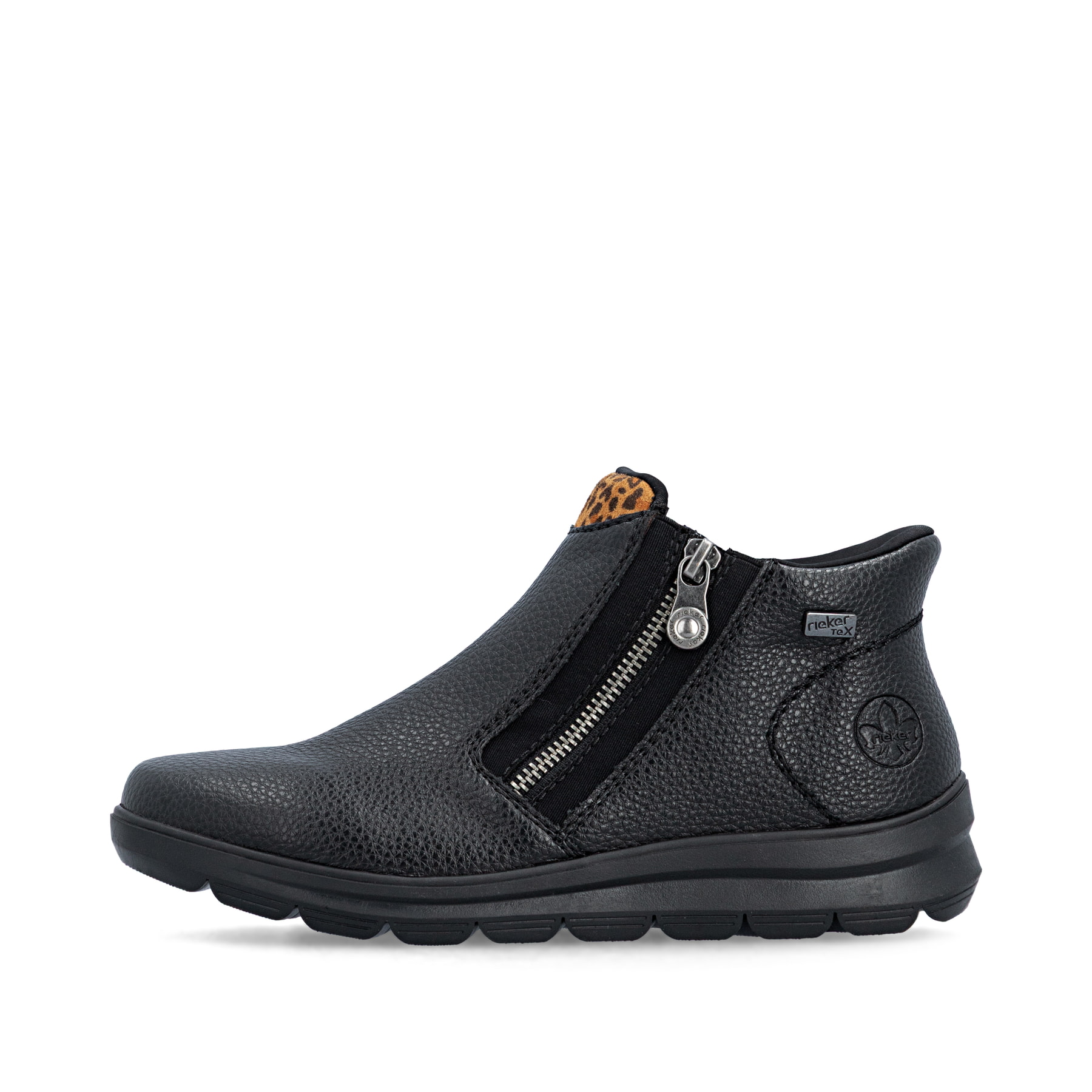 Schwarze Rieker Damen Kurzstiefel Z0059-00 mit wasserabweisender TEX-Membran. Schuh Außenseite.