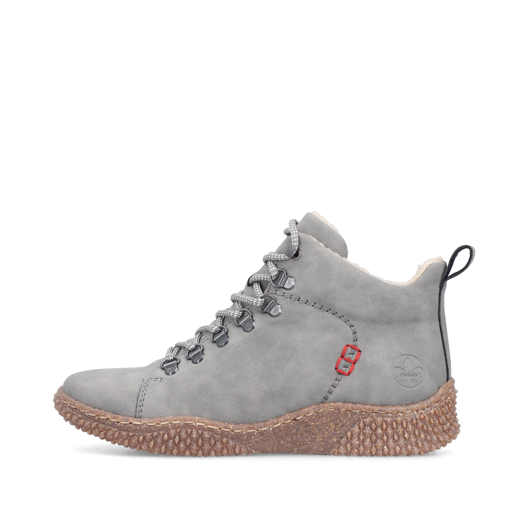 Hellgraue Rieker Damen Schnürstiefel Y8414-42 mit einem Reißverschluss. Schuh Außenseite.