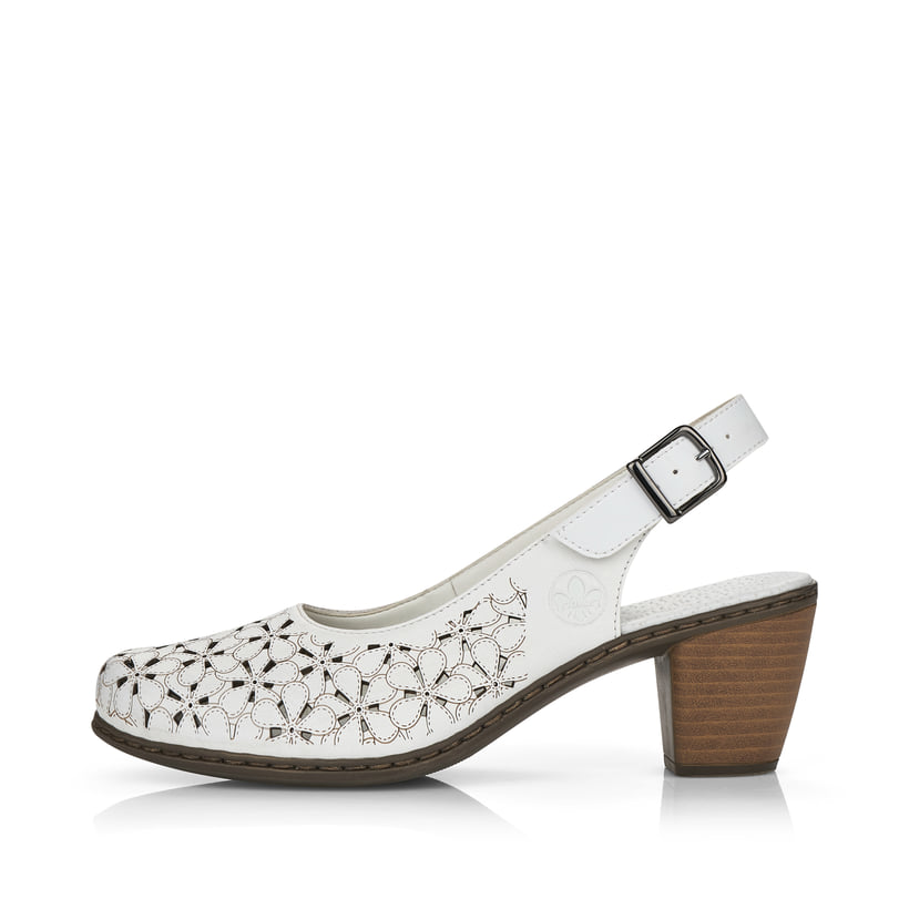Weiße Rieker Pumps 40981-80 in Löcheroptik mit einer Schnalle. Schuh Außenseite.