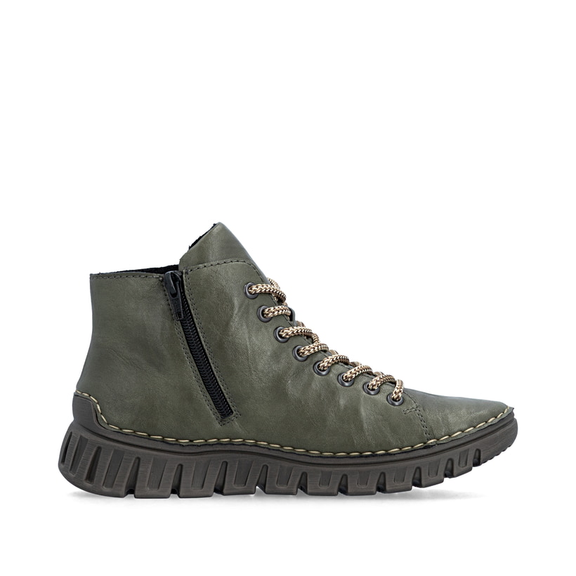Dunkelgrüne Rieker Damen Schnürstiefel 57501-54 mit modernen Ziernähten. Schuh Innenseite.