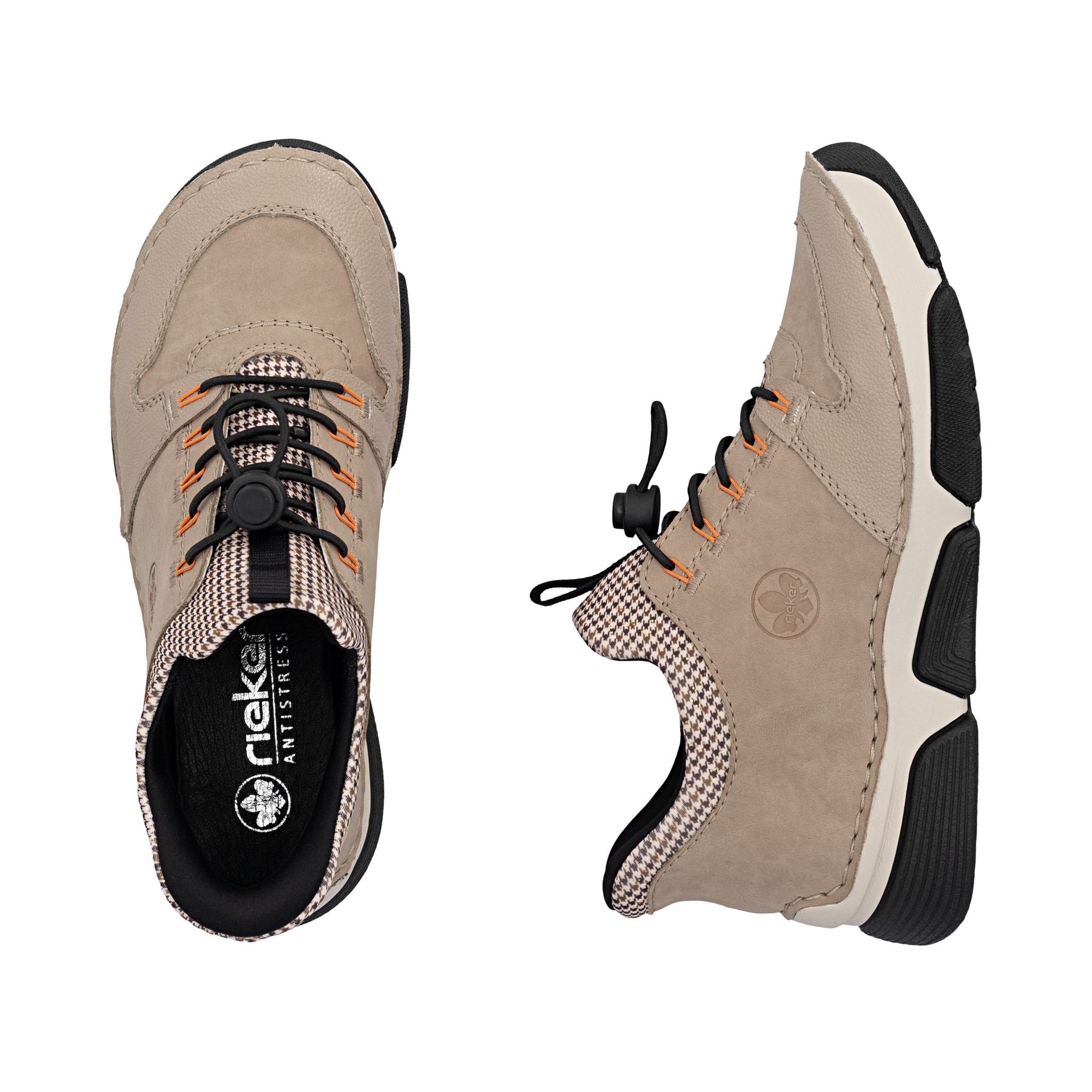 Beige Rieker Damen Slipper 45963-20 mit Ready2GO Anziehkomfort sowie Gummizug. Schuh von oben, liegend.