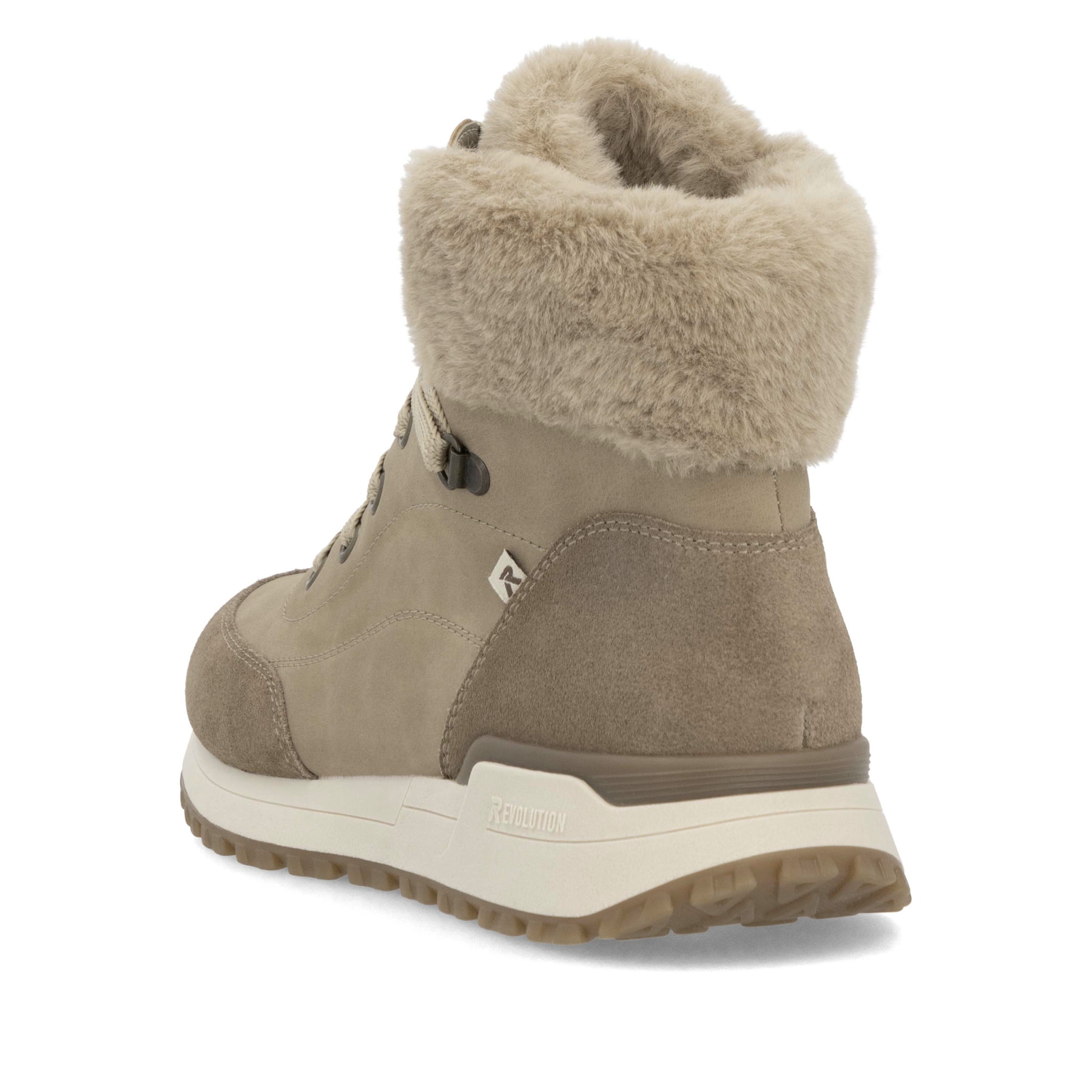 Beige Rieker Damen Schnürstiefel W0670-20 mit griffiger und leichter Sohle. Schuh von hinten.