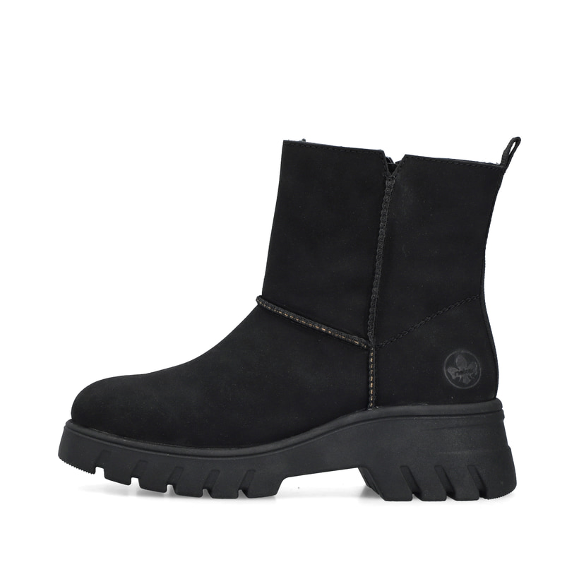 Schwarze Rieker Damen Kurzstiefel 71864-00 mit einem Reißverschluss. Schuh Außenseite.