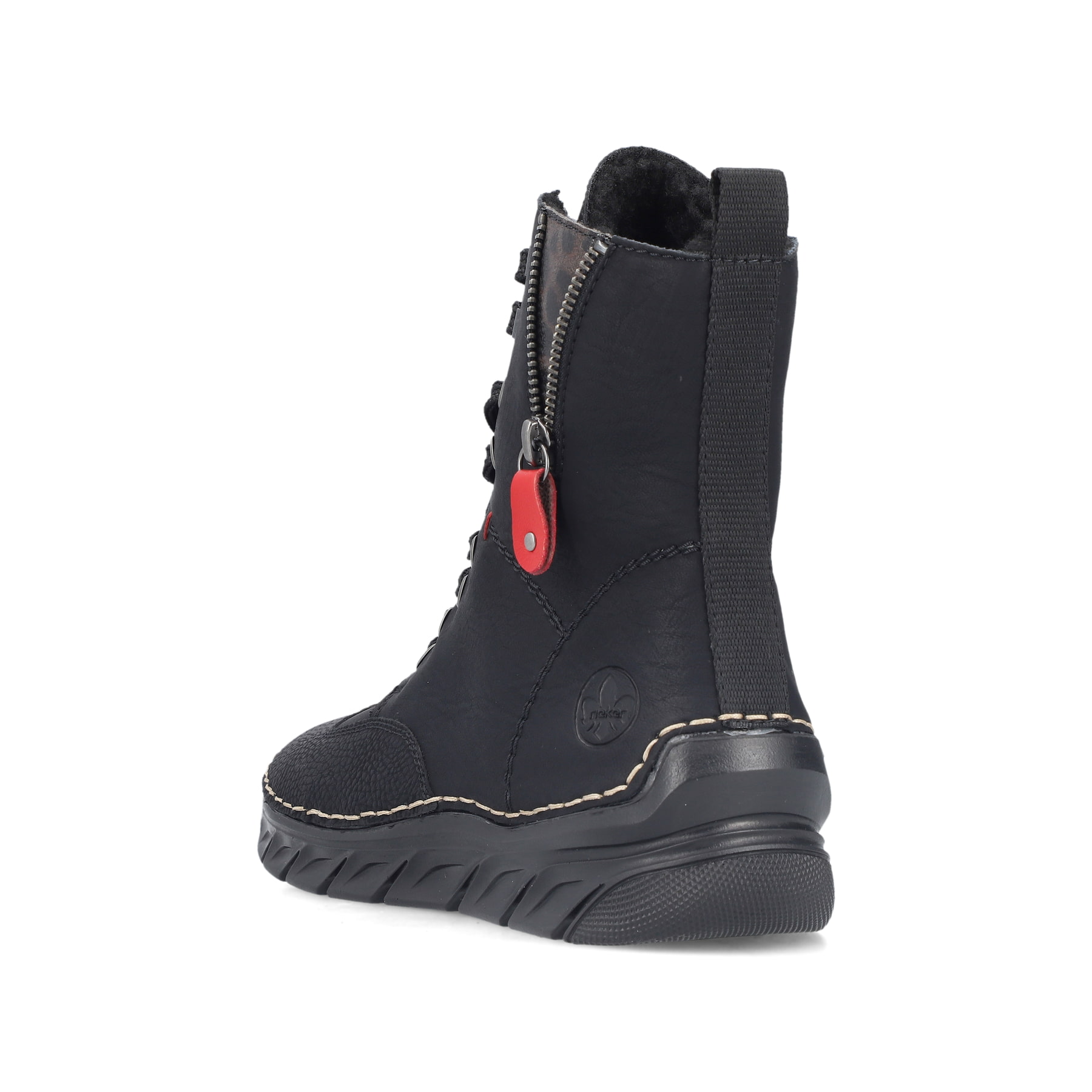 Schwarze Rieker Damen Schnürstiefel 55014-00 mit einem Reißverschluss. Schuh von oben.