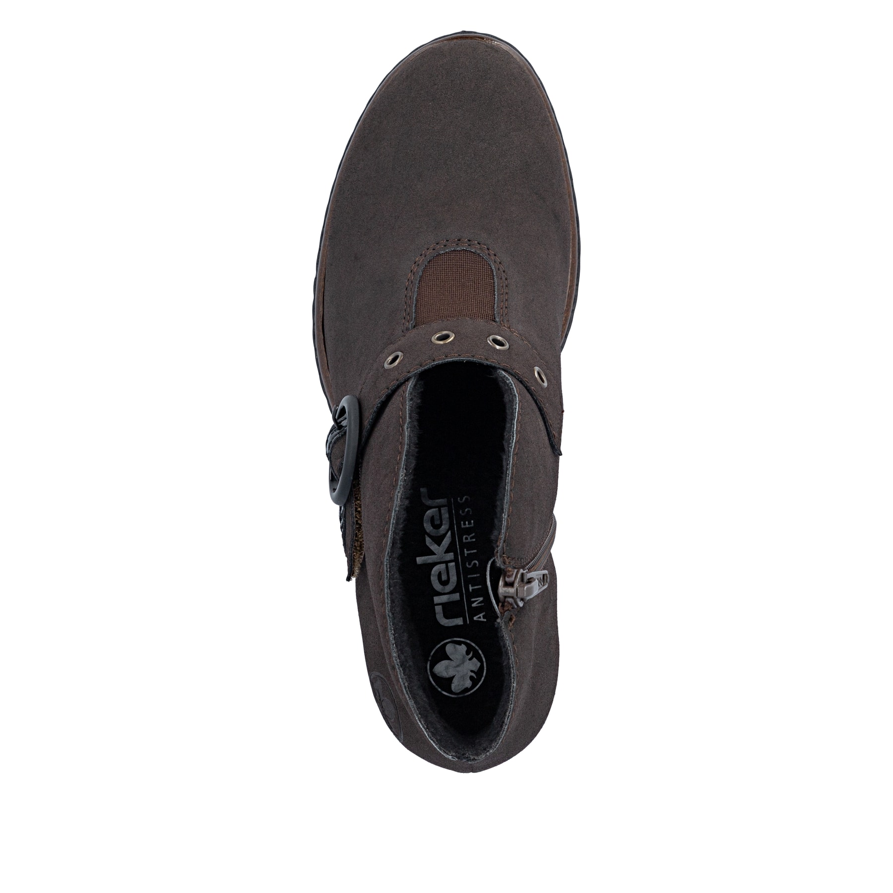 Dunkelbraune Rieker Damen Stiefeletten Y2586-25 mit einem Reißverschluss. Schuh von oben.