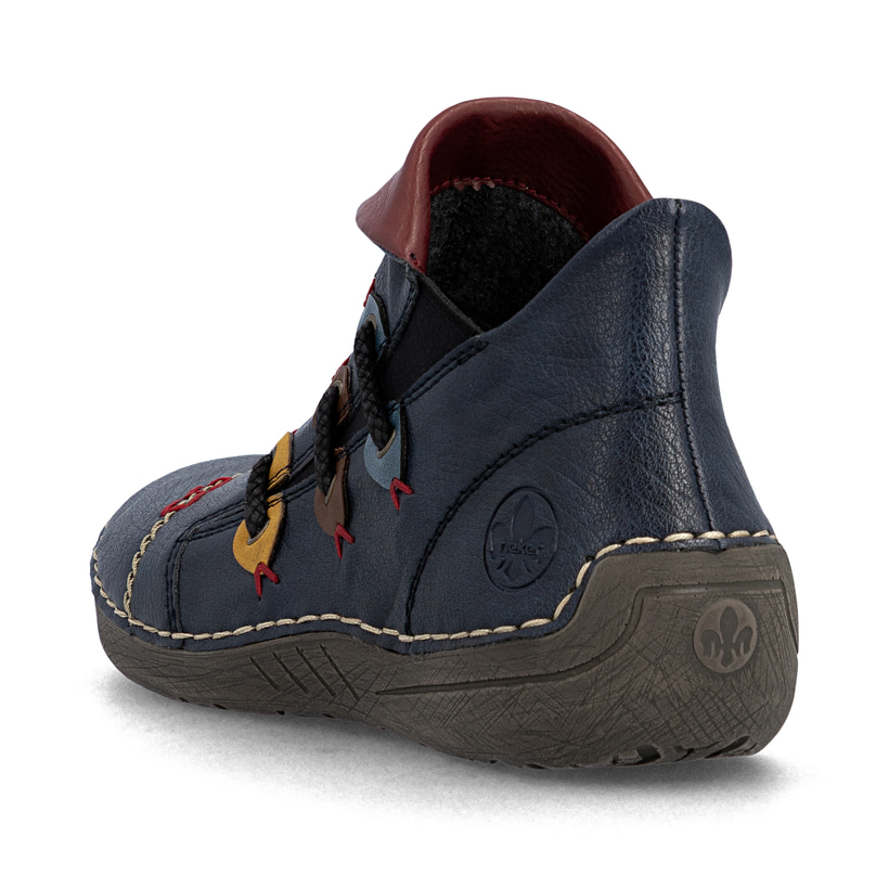 Dunkelblaue Rieker Damen Kurzstiefel 72581-14 mit farbenfrohen Details. Schuh von hinten.