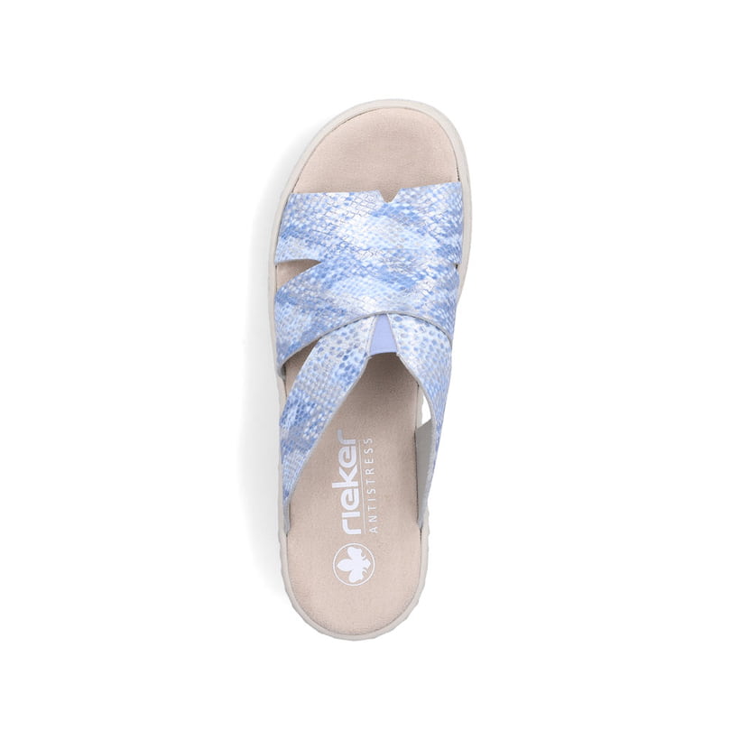 Blaue Rieker Damen Pantoletten V4989-10 mit angesagtem Animal-Print. Schuh von oben.
