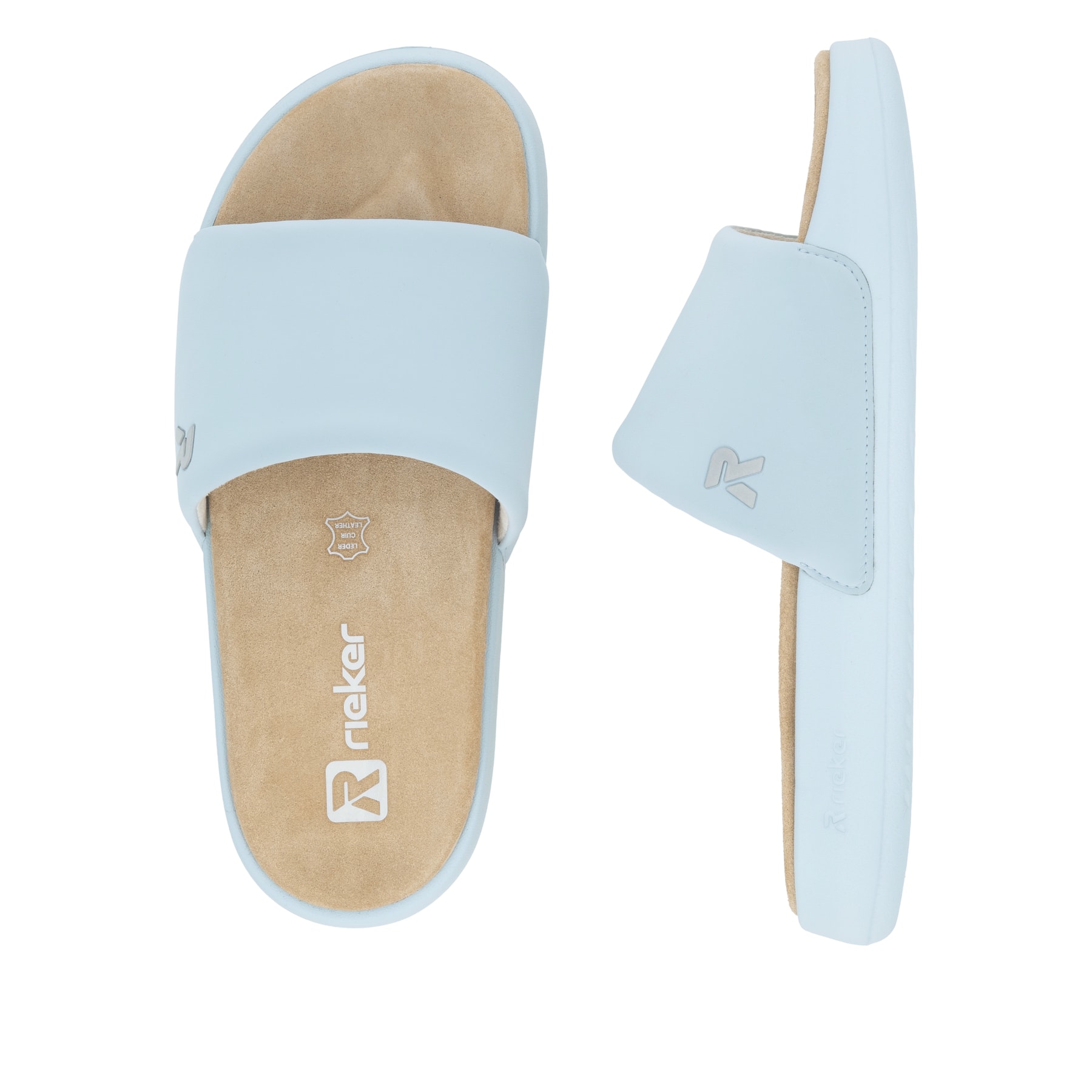 Blaue Rieker Damen Pantoletten W3250-12 mit flexibler und ultraleichter Sohle. Schuh von oben, liegend.