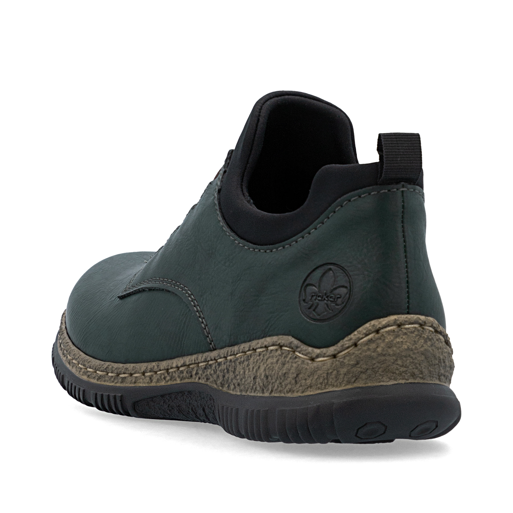 Dunkelgrüne Rieker Damen Kurzstiefel N32G7-54 mit einem Gummizug. Schuh von hinten.