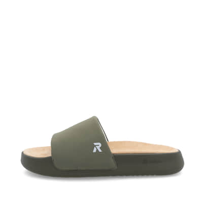 Grüne Rieker Herren Pantoletten U3250-54 mit flexibler und ultraleichter Sohle. Schuh Außenseite.